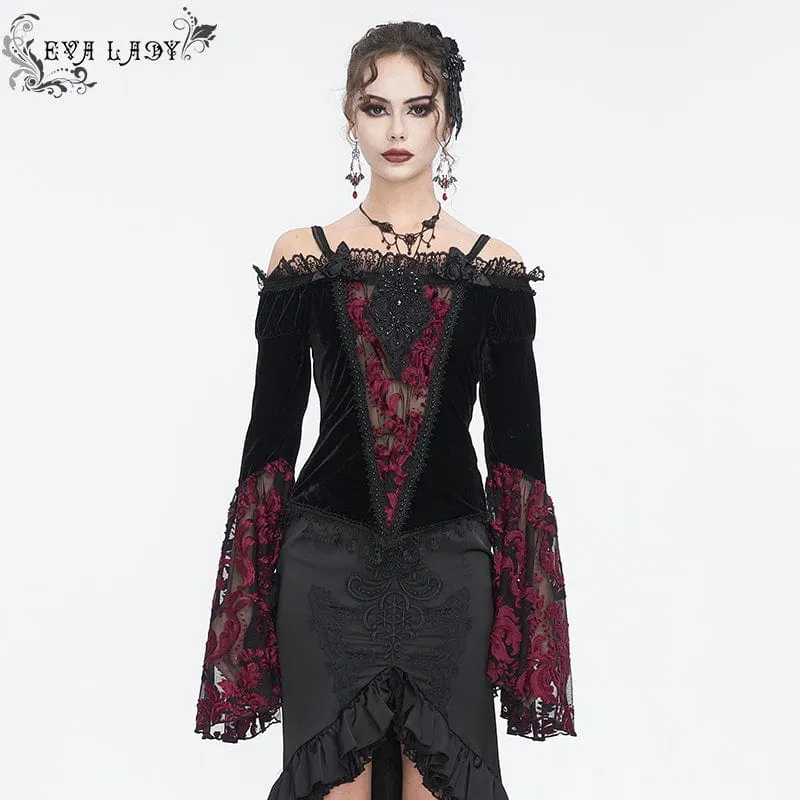 Dam Gothic Off Shoulder Spets Splice Velvet Skjorta Röd