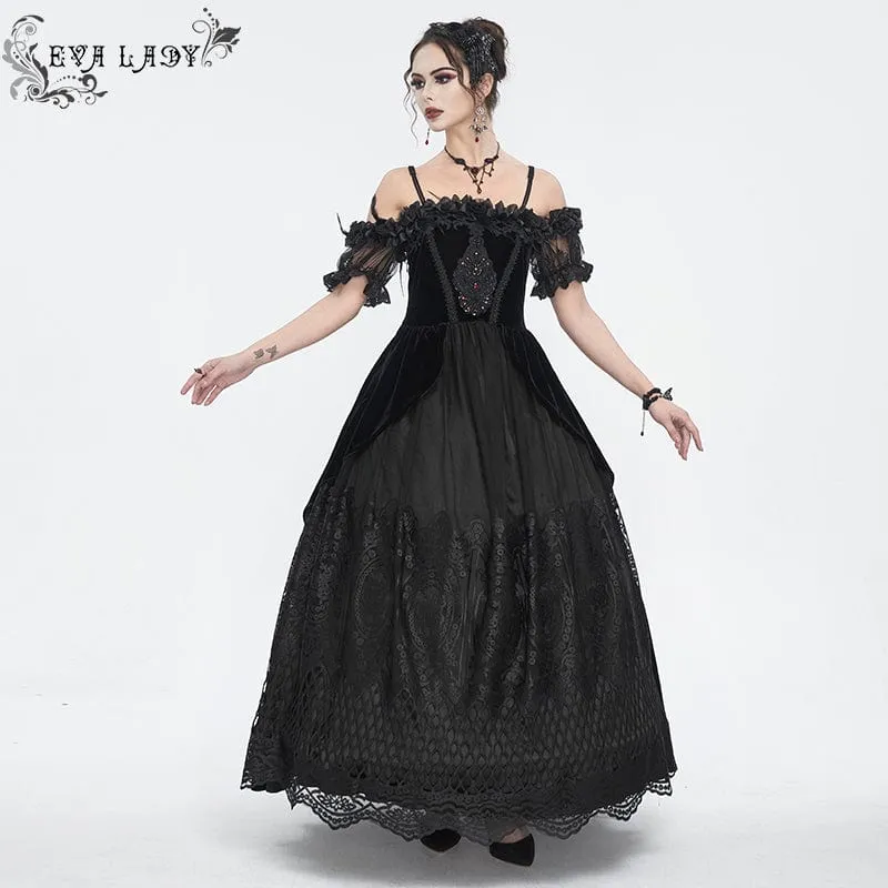 Gothic Off Shoulder Rose Pärlformad sammetsvart bröllopsklänning för kvinnor