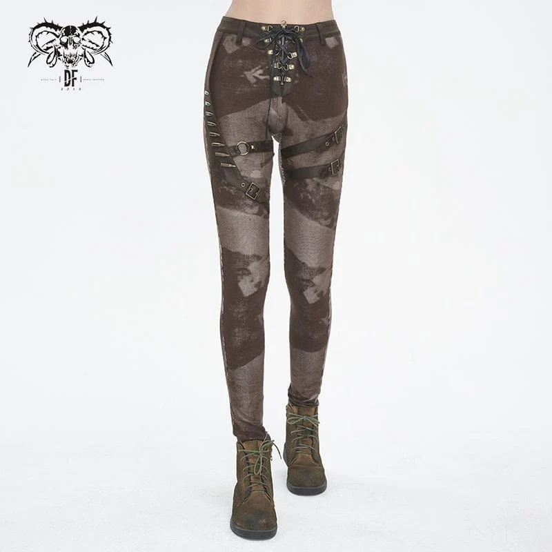 Kvinnors Punk Tie-dyed Spänne Lace-Up Leggings Kaffe