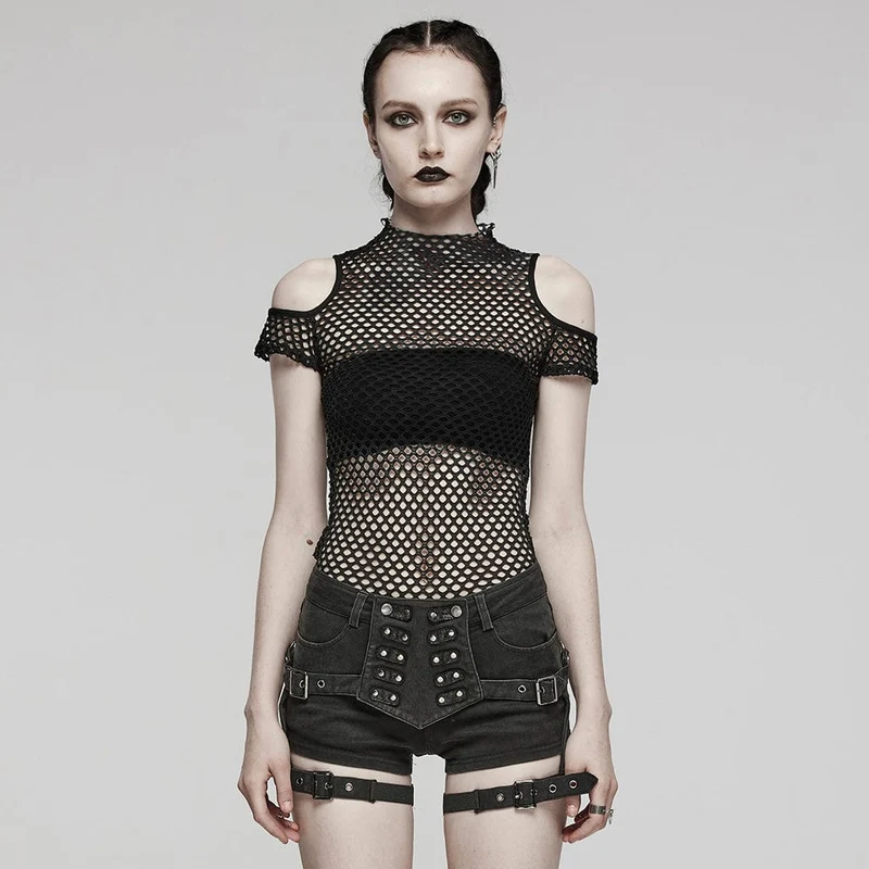 Dam Punk Sheer Cutout Mesh Topp Svart