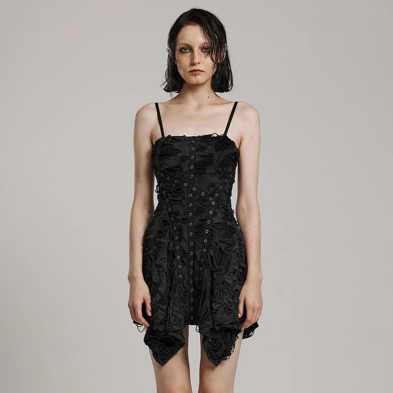 Dam Punk Ripped Eyelet Irregular Slip Dress Black
