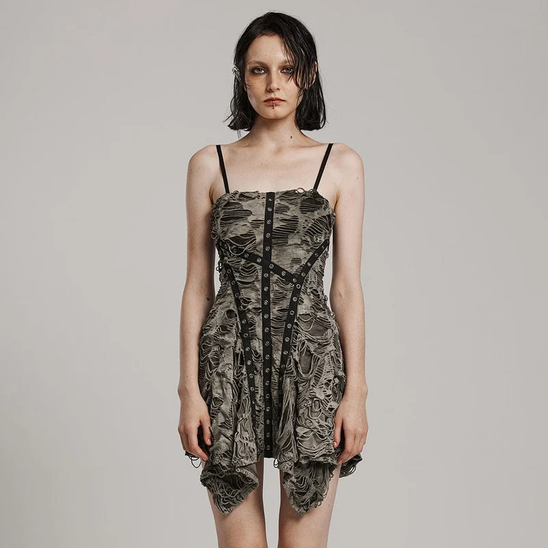 Dam Punk Ripped Eyelet Distressed Irregular Slip Dress