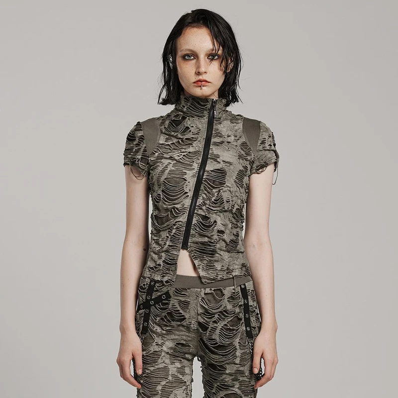 Kvinnors Punk Ripped Distressed Kortärmad Skjorta