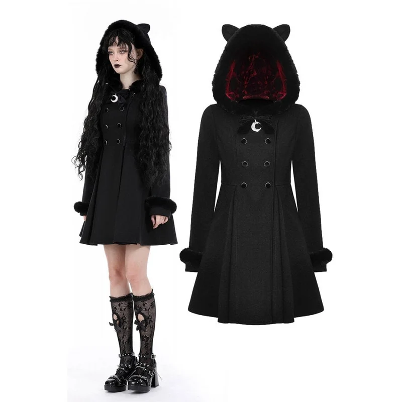 Gothic Fluffy Splice Woolen Coat för kvinnor med Cat Ear Hood