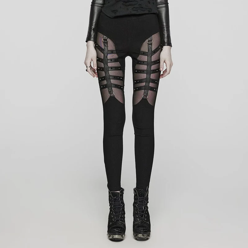 Punk Mesh Strappy Stud Leggings för kvinnor