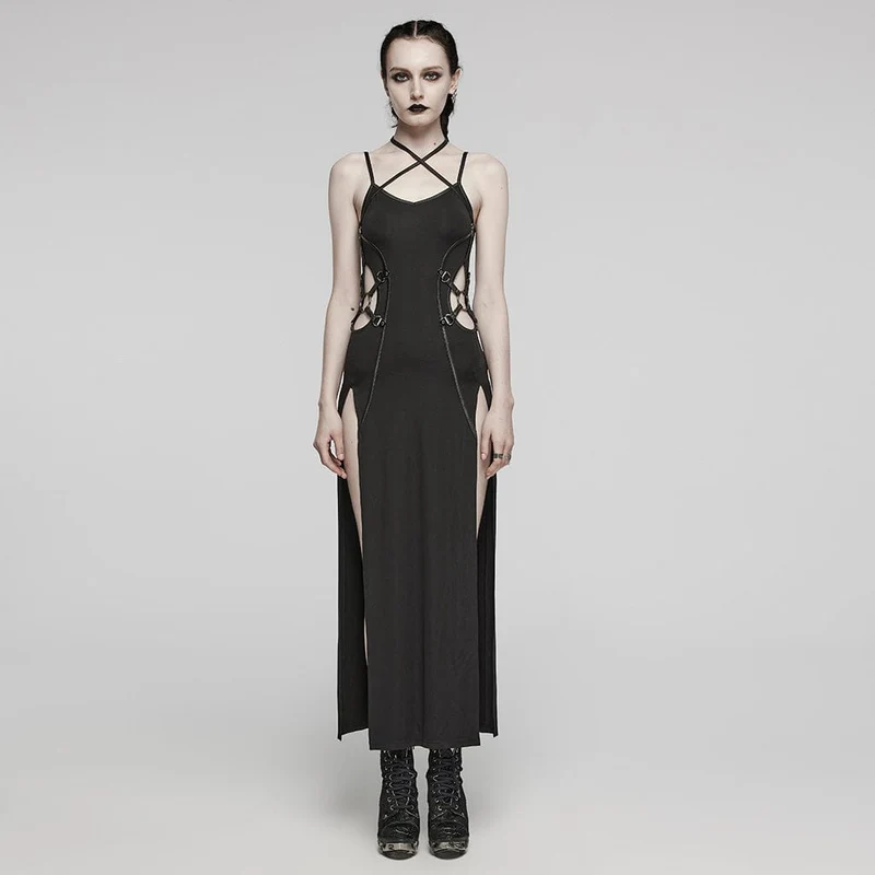 Kvinnors Punk Cutout Sida Slit Lace-Up Halter Slip Dress
