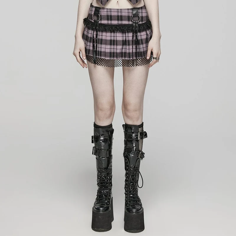 Kvinnors Grunge Pläd Eyelet Mesh Ring Plisserad kjol Rosa
