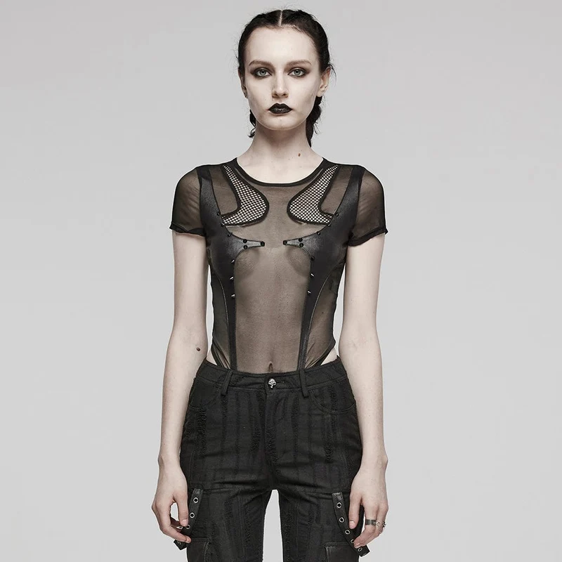 Punk Sheer Stud Mesh Bodysuit för kvinnor