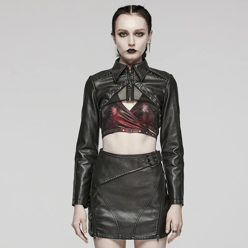 Punk Eyelet Mesh Kort jacka i konstläder för kvinnor