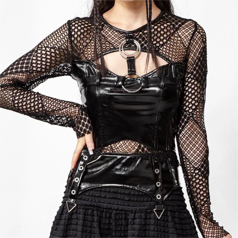 Gothic Mesh Splice Långärmad skjorta för kvinnor