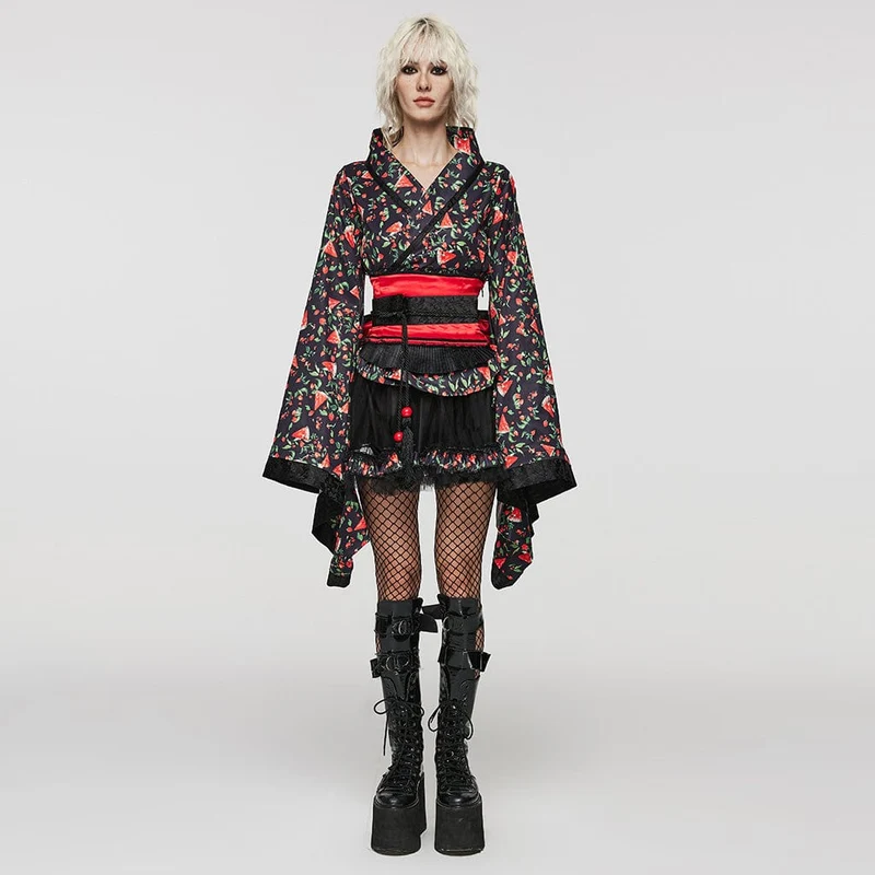 Lolita vattenmelontryckt Kimono för damer med kjol