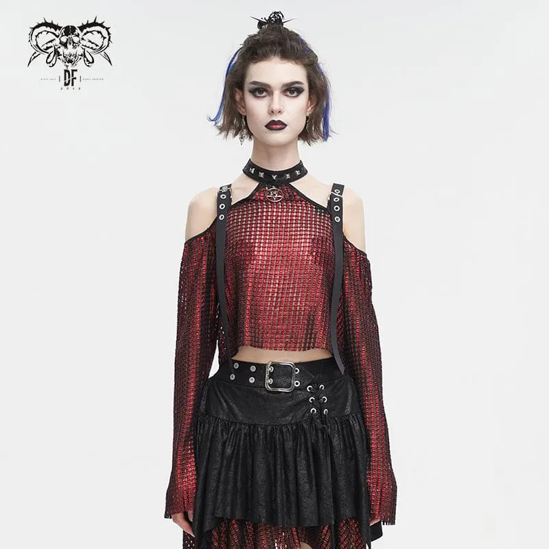 Gothic off Shoulder-spänne för kvinnor Sheer Crop Top Röd
