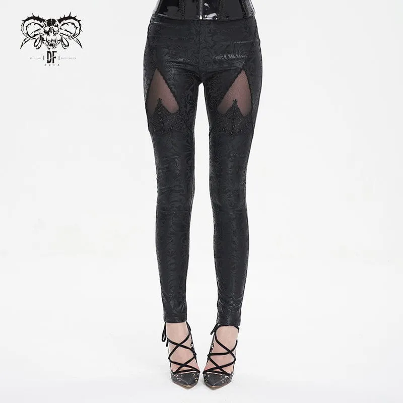 Gothic Floral Broderade Mesh Split Leggings för kvinnor