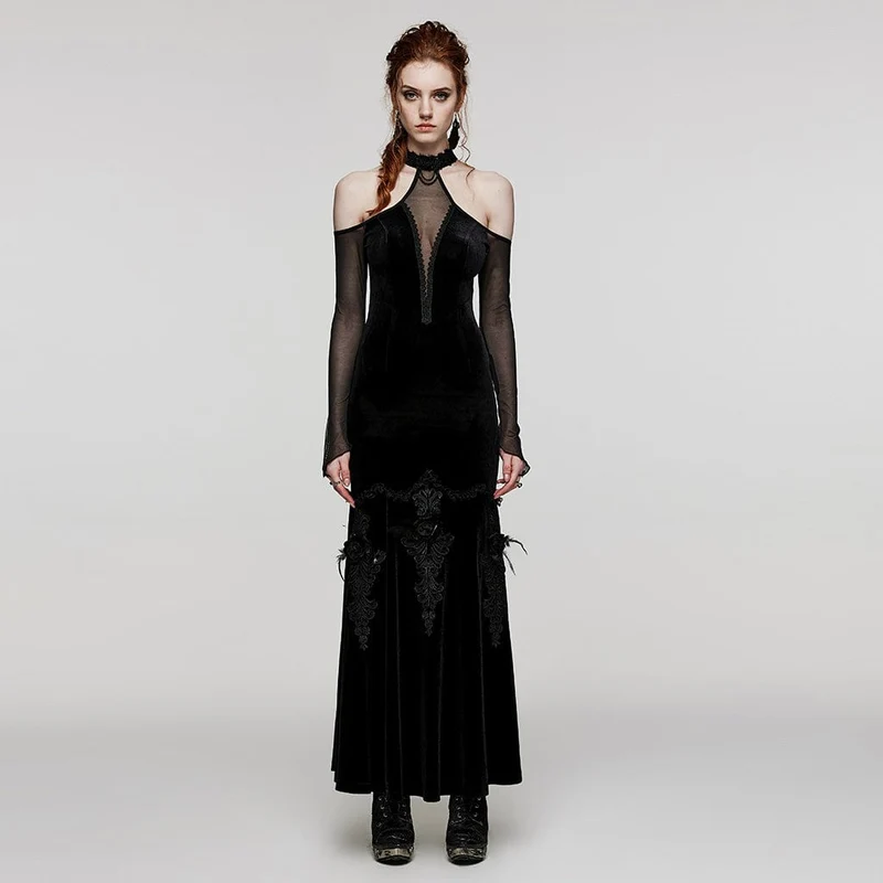 Gothic Off Shoulder Mesh Splice Velvet Dress för kvinnor