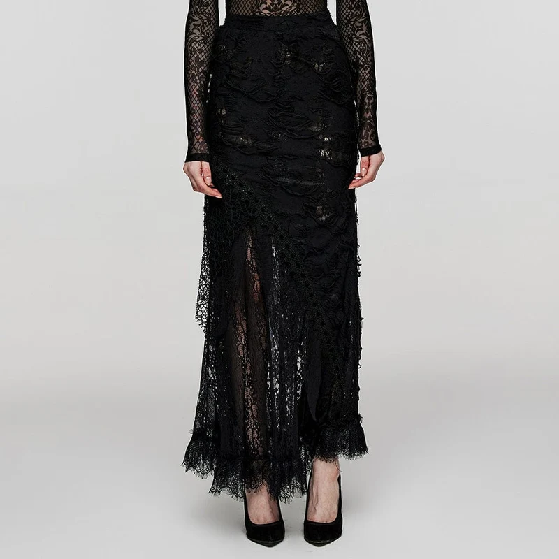 Gothic Ripped Lace Splice Kjol för kvinnor