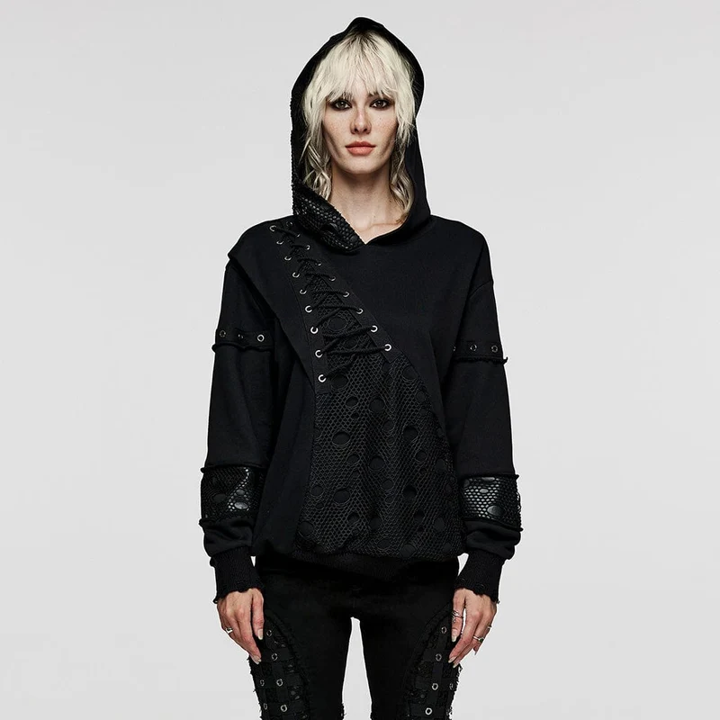 Punk Mesh Splice Okantade hoodies för kvinnor