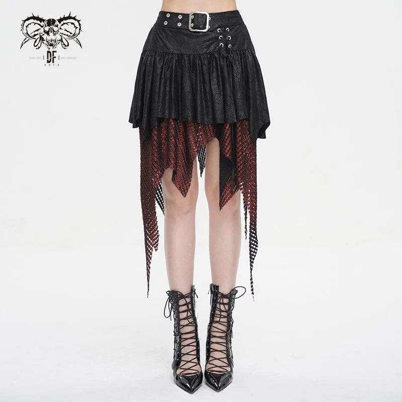 Gothic Irregular Mesh Splice Buckle Kjol för kvinnor Röd