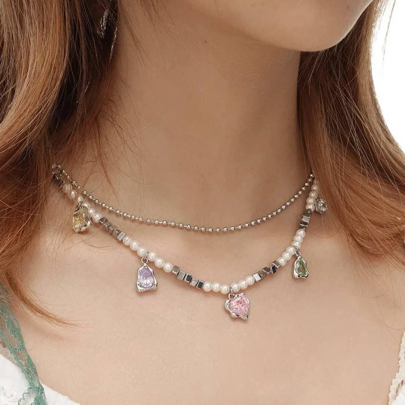 Kvinnors Grunge färgglada Zircon Pearl halsband