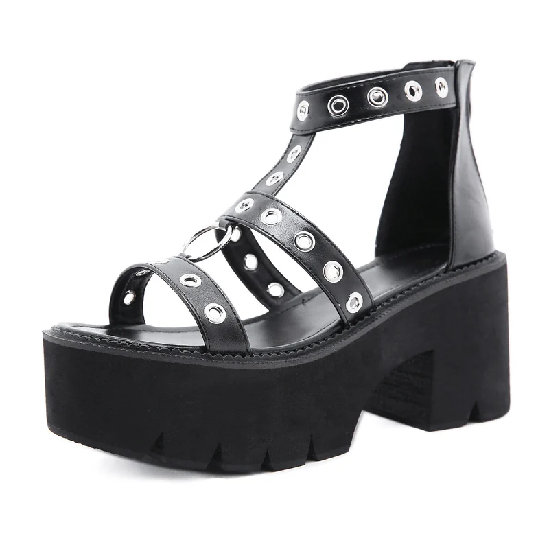 Dam Punk Eyelets Ring Zipper Sandaler
