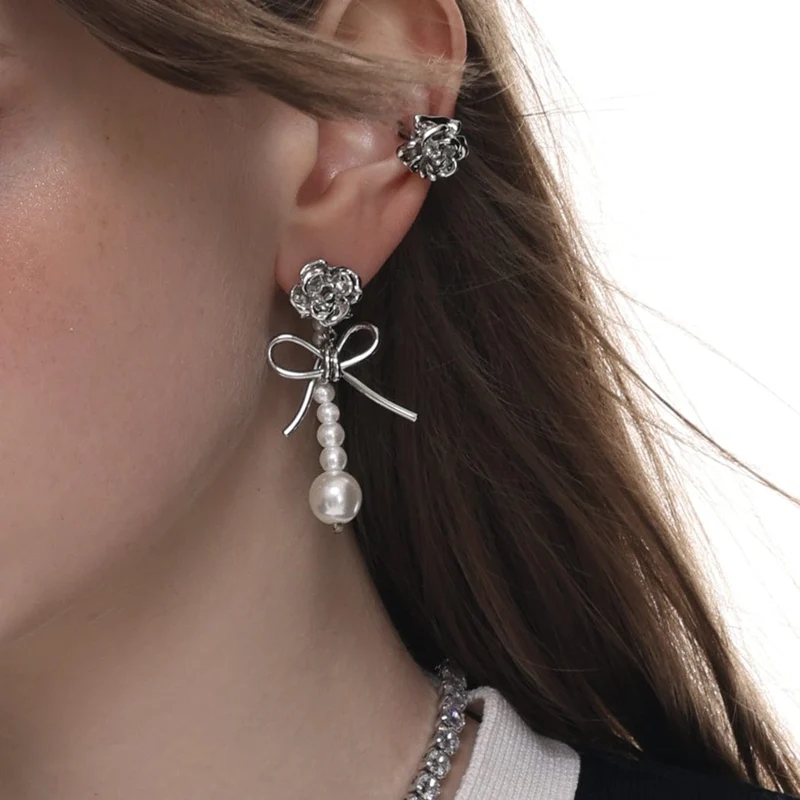 Kvinnors Lolita Bowknot Rose örhängen med pärlor