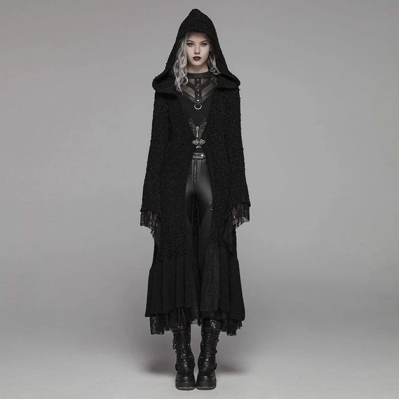 Goth flerlagerskofta i ull med luva för kvinnor med spetsärmar
