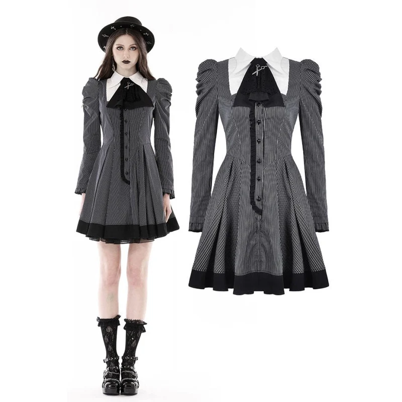 Gothic puffärmad randig klänning för kvinnor