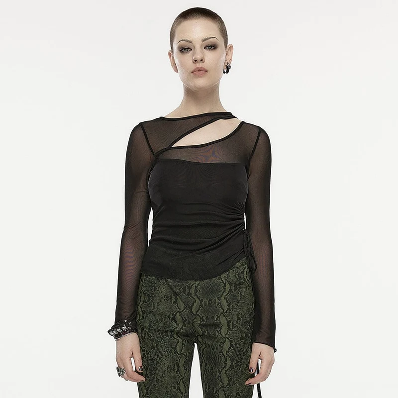 Gothic Cutout Mesh-skjorta med dragsko för kvinnor