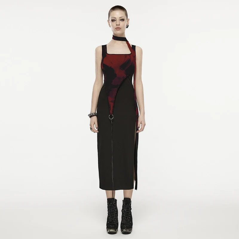Kvinnors Grunge Ink Printed Split Slip Klänning med Neckwear