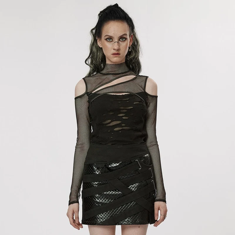 Punk off Shoulder Ripped Mesh-topp för kvinnor