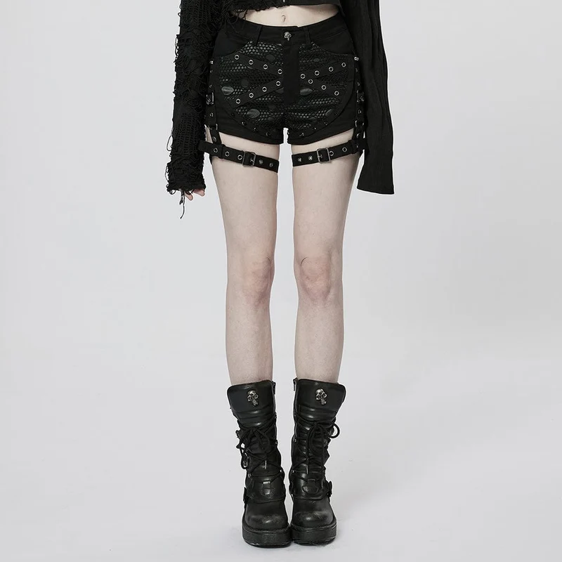 Punk Buckles Splice Mesh Shorts för kvinnor