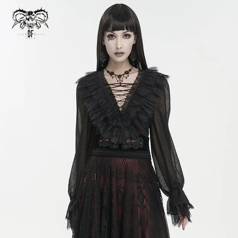 Dam Gothic Plunging Ruffled Sheer Shirt Svart