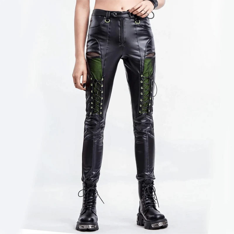 Punk, kontrastfärgad konstläder Leggings för kvinnor