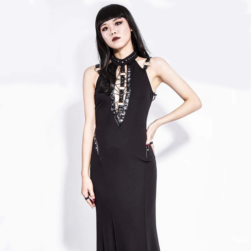 Gothic Cutout Split Halterneck Klänning för kvinnor