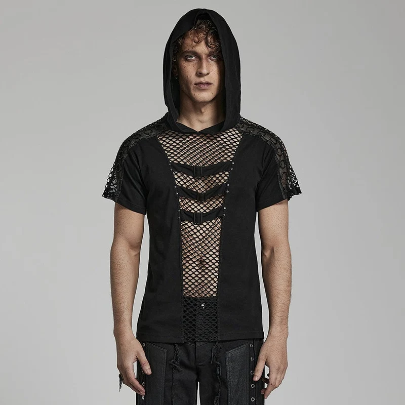Punk Mesh Splice T-shirt för män med huva