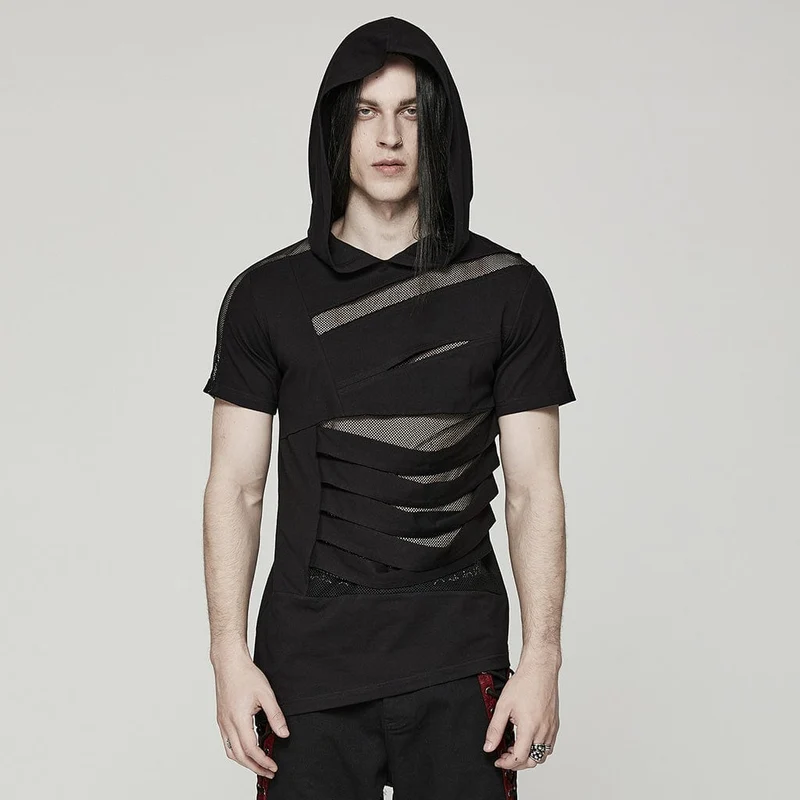 Punk Mesh Splice T-shirt för män med huva