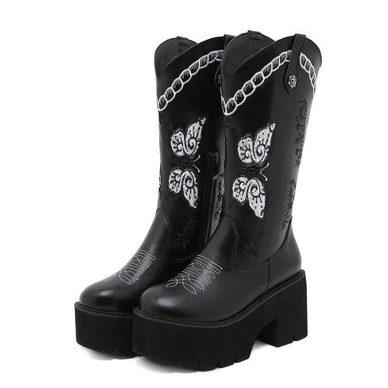 Punk Butterfly Broderade plattform Buskin Boots för kvinnor