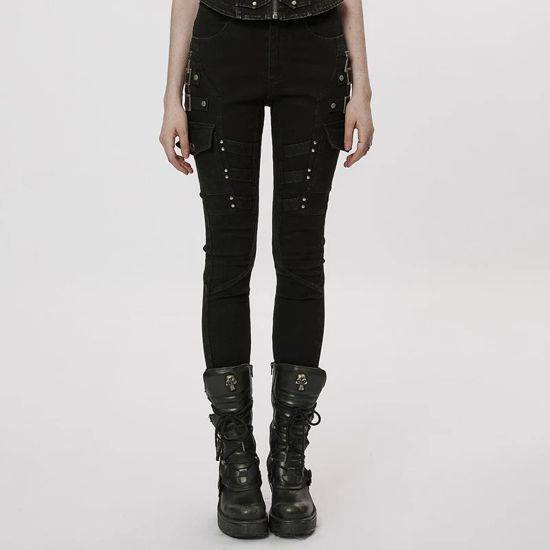 Punk jeans med flera fickor för kvinnor