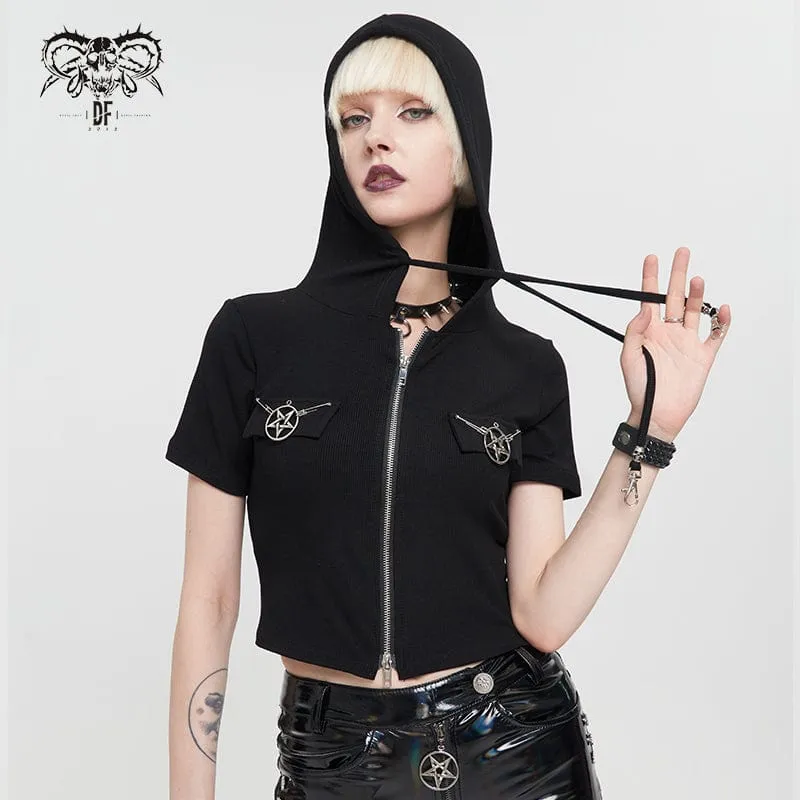 Dam Punk Metal Star Dubbel dragkedja med kort ärm Crop Top