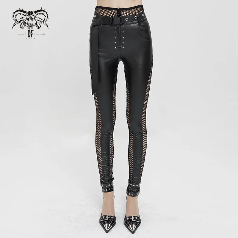 Dam Punk Mesh Splice Nitar Leggings med bälte