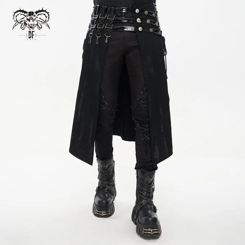Punk Split Distressed Kilt för män med konstläderremmar