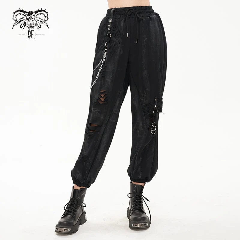 Kvinnors Punk Ripped Metal Chain Lantern Byxor