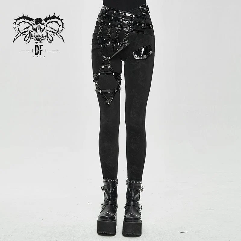 Punk Pentagram Leggings för kvinnor med konstläderrem