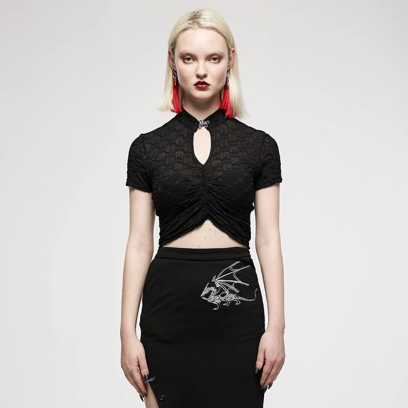 Grunge Cutout Ruffles Kortärmad Crop Top för kvinnor