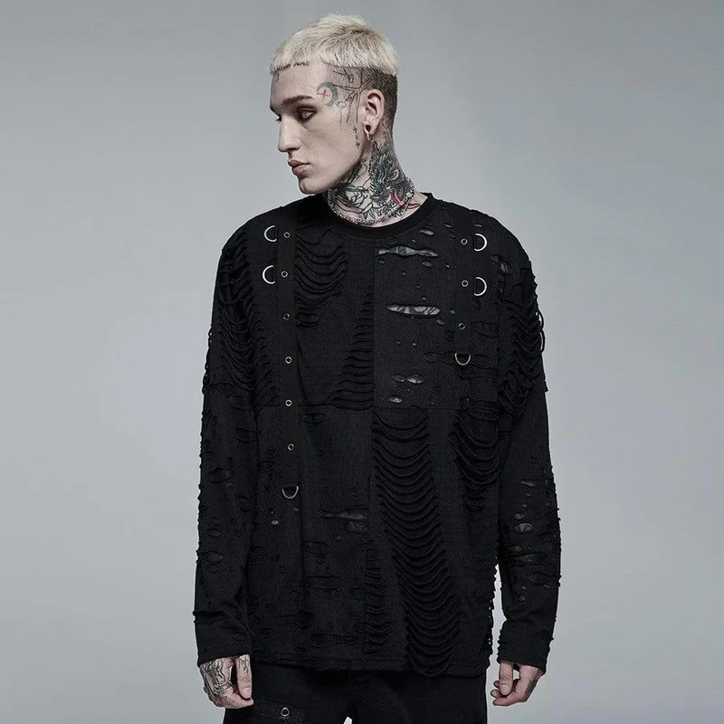 Gothic Ripped Splice Stickad Topp för män