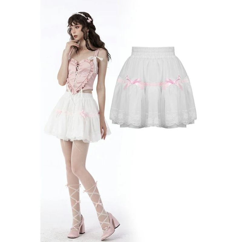 Dam Lolita Bowknot Multilayer Mesh Kort kjol Vit