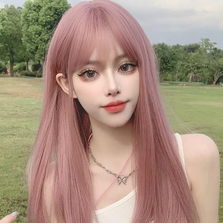 Silkeslen, rakt rosa syntetiskt hår peruk för kvinnor