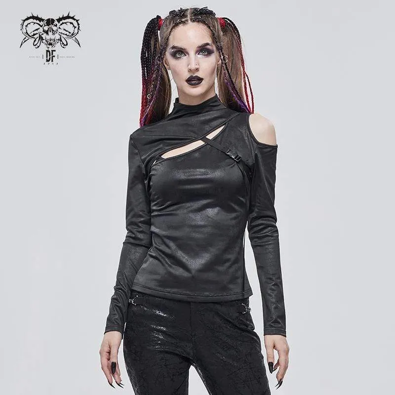 Gothic Cutout Spänne Slim Fitted Topp Svart