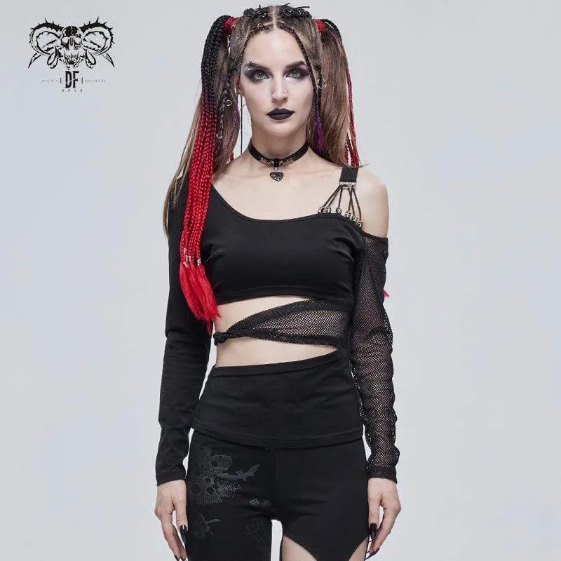 Gothic Slash Shoulder Mesh Splice Top för kvinnor