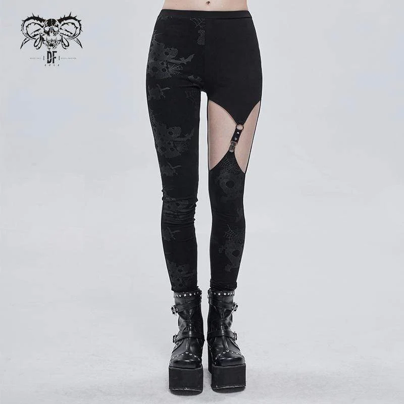 Gothic Cobweb Printed Cutout Byxor för kvinnor