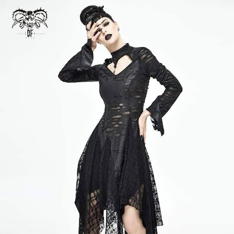 Gothic Strappy Ripped Splice Svart Klänning för kvinnor